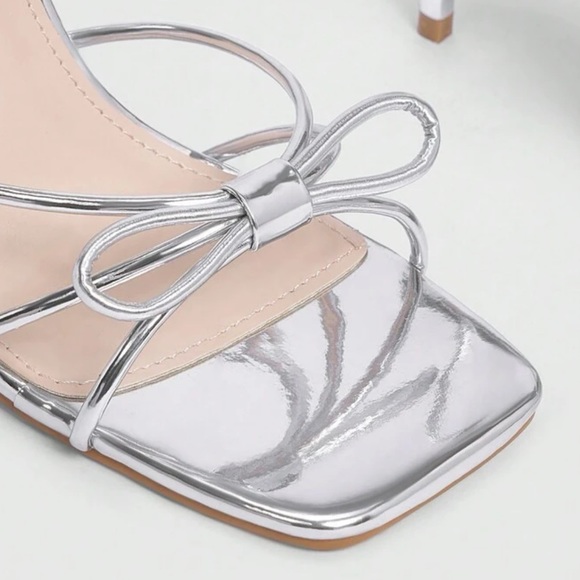 Women Shoes Valentines Day Fashion Square Toe Elegant Silver High Heel Sandals - Picture 4 of 5